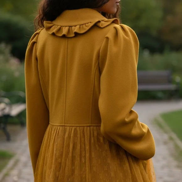 Daisy Double A'reve pea coat in yellow with lace details. Size lLarge - Picture 3 of 7